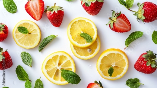 Advertising banner with lemon slices  strawberries scattered around  fresh mint  on a white background