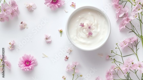 White bowl of yogurt with pastel flowers on a white background
