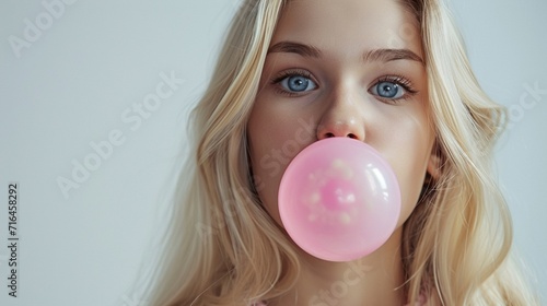 Beautiful blonde girl blowing pink bubblegum on a isolate white background