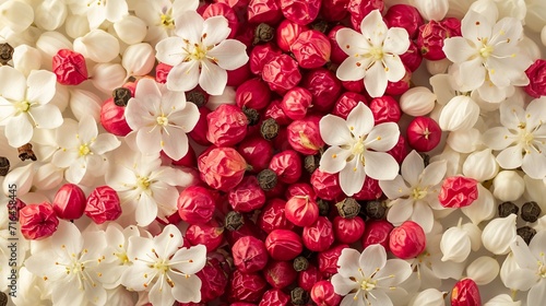 Top view with jasmine flowers and pink pepper