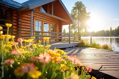 Slika na platnu sunlit log cabin with blooming flowers on the dock