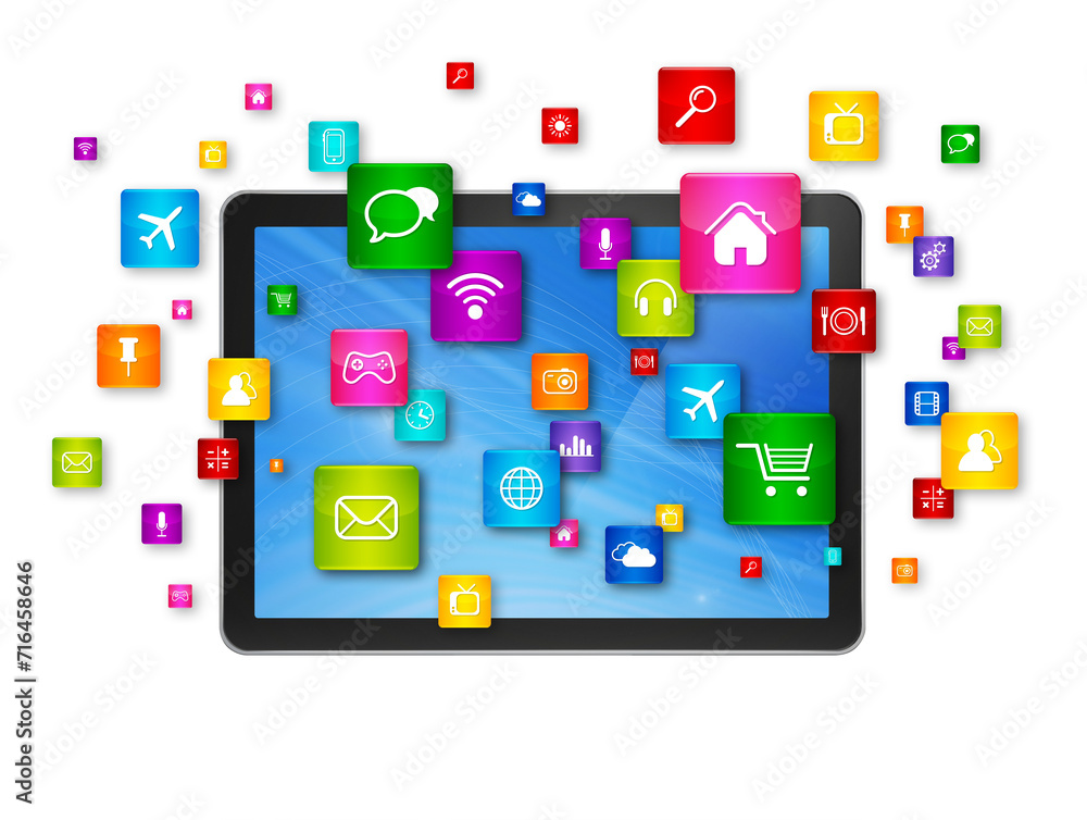 Digital Tablet pc and flying apps icons Digital Tablet pc and flying apps icons
