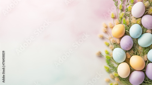 cress  colorful Easter eggs on a light pastel paper background  Easter  space for text  top view 