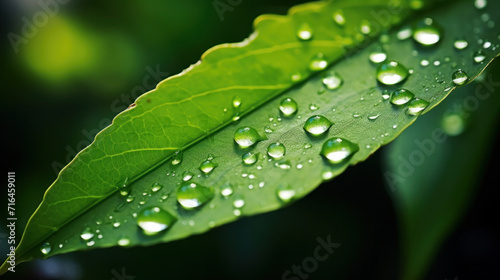 Close-up of large dew or raindrops on a green leaf. Summer forest in morning glow at sun day.