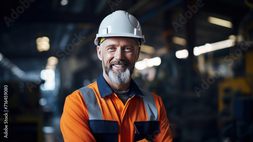 Portrait of Industry maintenance engineer man wearing uniform and safety hard hat on factory station. © Wararat