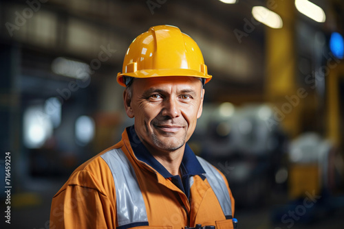 Portrait of Industry maintenance engineer man wearing uniform and safety hard hat on factory station.