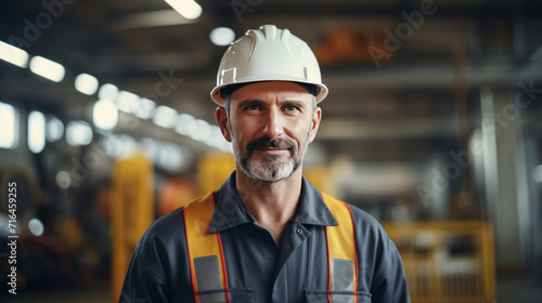 Portrait of Industry maintenance engineer man wearing uniform and safety hard hat on factory station. © Wararat