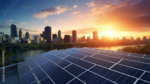 Solar panels with a city skyline in background, Sustainable and eco-friendly future.