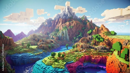 Minecraft inspired colorful world, globe, earth. Minecraft texture world. Cube landscape illustration background abstract, 3d nature, game earth cube voxel surface landscape. Generative AI photo