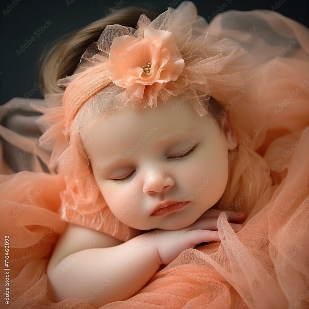 A newborn baby wearing a peach headband and a tulle tutu.Close-up portrait of a child. Newborn baby lifestyle concept A newborn baby wearing a peach headband and a tulle tutu.Close-up portrait of a child. Newborn baby lifestyle concept
