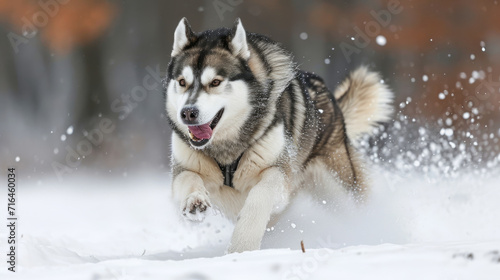 Malamute dog running in the snow against the background of the forest. Winter team sled dog competition. Active running on a snow-covered cross-country ski track.