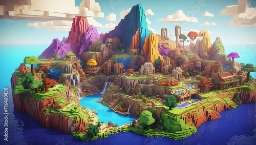 Minecraft inspired colorful world, Iceland. Minecraft texture world. Cube landscape illustration background abstract, 3d nature, game earth cube voxel surface landscape. Generative AI