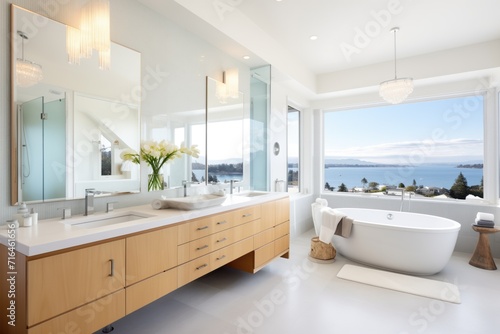 modern bathroom with large windows and ocean scenery