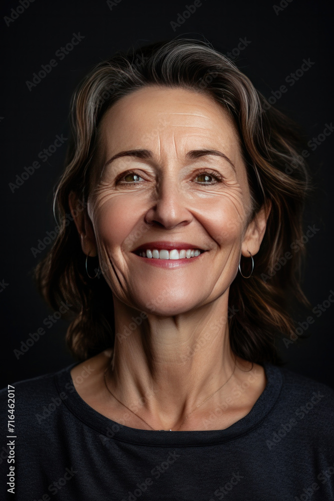 A smiling middle aged woman on grey background. A smiling middle aged woman on grey background.