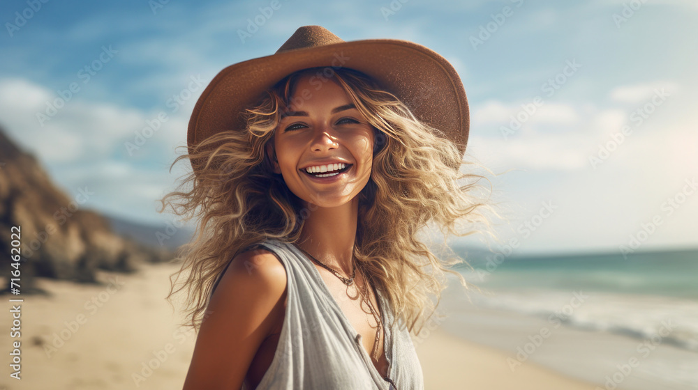 A happy traveller woman in tropical beach vacation.