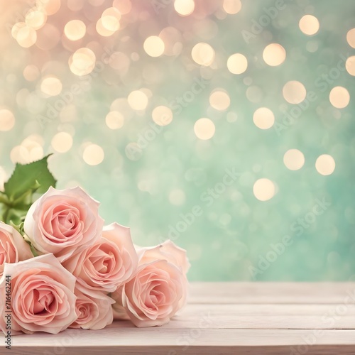 Cute pastel rose bokeh over pastel wood table top surface with copy space