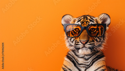Fashionable Tiger Cub Portrait with Stylish Sunglasses Summer Chic photo