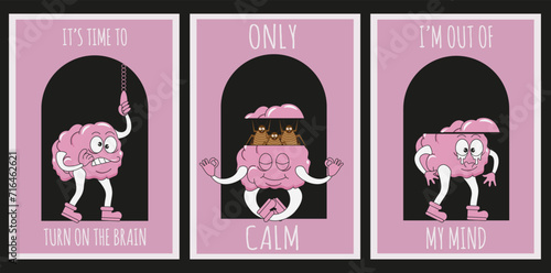 Set card with Cartoon brain character in trendy Rubber Hose style. Groovy Mental health emoticon poster. Сockroaches in the head. Vector illustration for web and social media. Editable stroke EPS 10 
