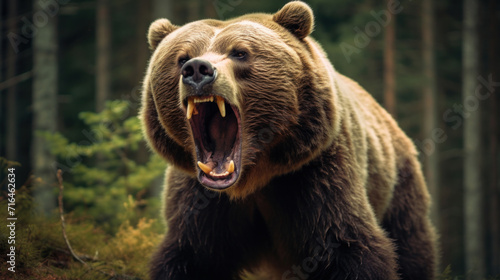 An intimidating brown grizzly bear roaring aggressively, showcasing wild predatory instincts in the forest.