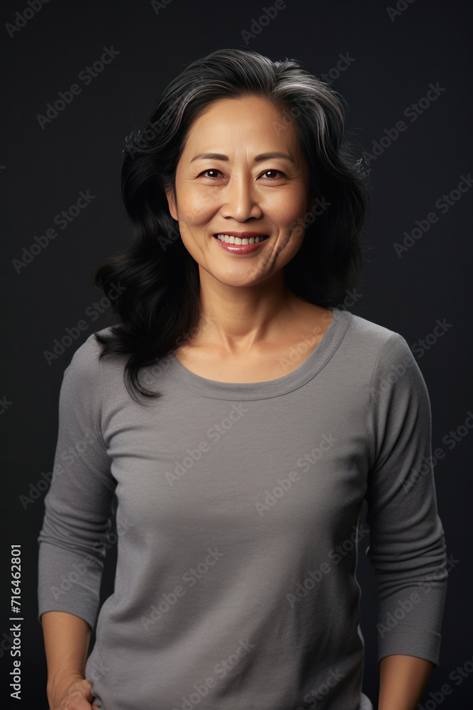Asian smiling middle aged woman on grey background. Asian smiling middle aged woman on grey background.