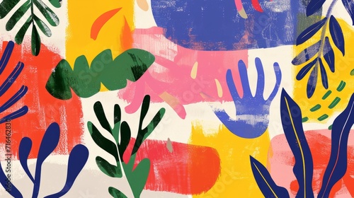 Naive colorful floral art illustrations in minimalist style. Vibrant flowers and leaves