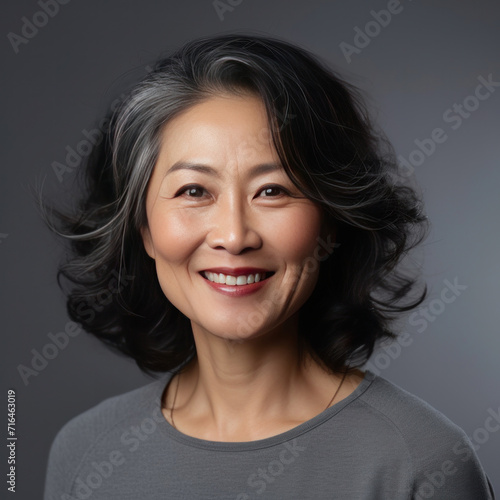 Asian smiling middle aged woman on grey background. © Wararat