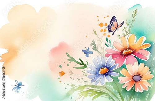 Wildflowers in watercolor technique. Floral wallpaper design with wildflowers  pastel color background. Botanical illustration  space for description. Suitable for cover  postcard