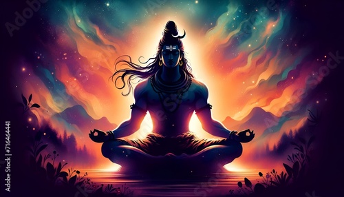 Silhouette of lord shiva in meditation at night. photo