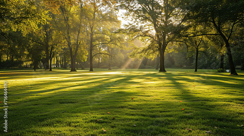 Morning light in a park with green field and tree