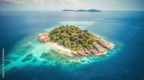 Tropical island in the azure sea. Tourist idyllic holiday vacation.
