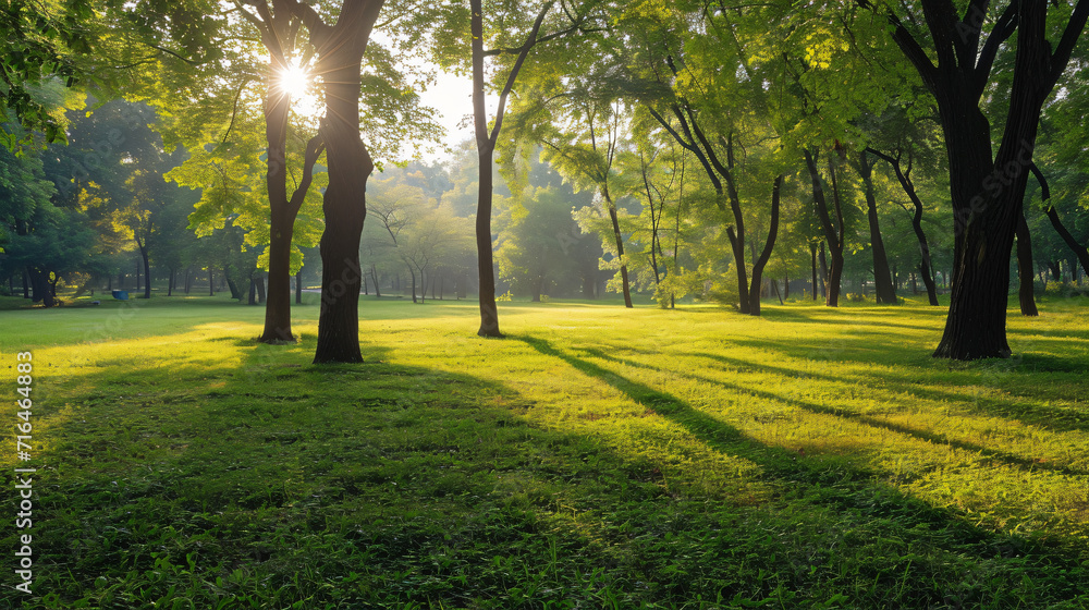 Morning light in a park with green field and tree