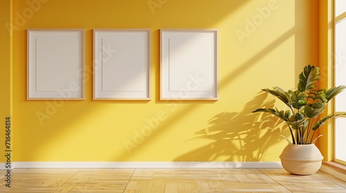 Interior Mock-up with Three White Frames on Yellow Wall and Green Plant