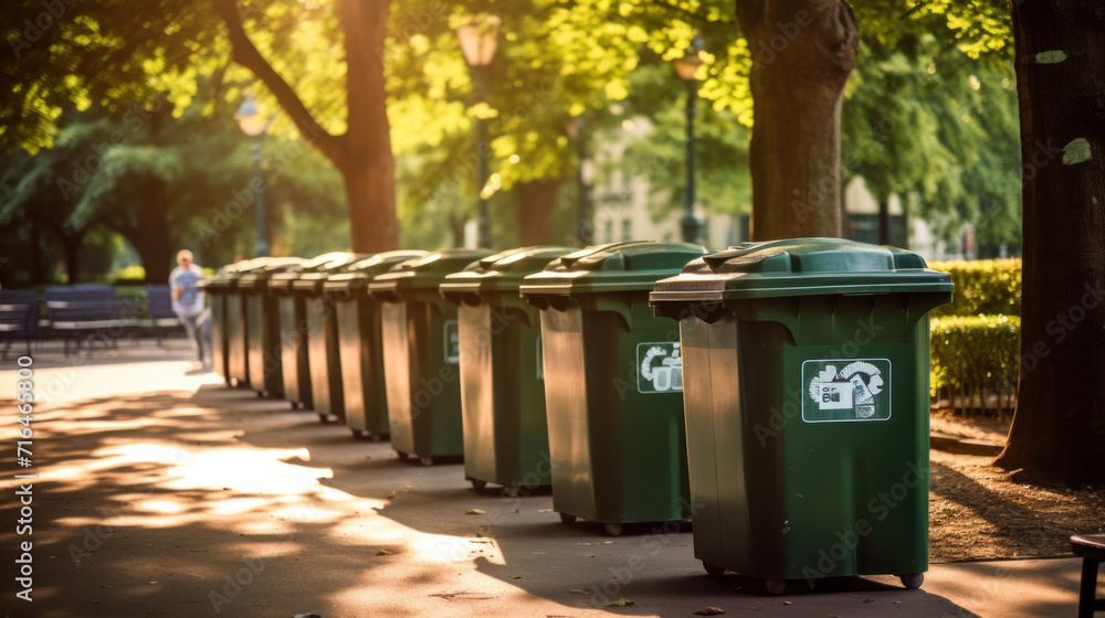 A row of recycling bins in a well - maintained city park. A row of recycling bins in a well - maintained city park.