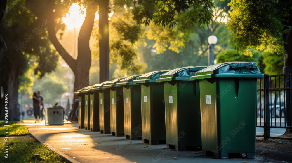 A row of recycling bins in a well - maintained city park. A row of recycling bins in a well - maintained city park.