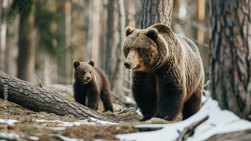 Little bear with mother bear in the forest. The bear family of brown bears. © Evgeniia