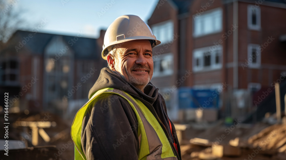 A smiling experienced man working on a building site. A smiling experienced man working on a building site.