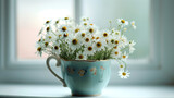 A delicate porcelain teacup filled with blooming chamomile flowers, embodying the calming and soothing aspects of love.