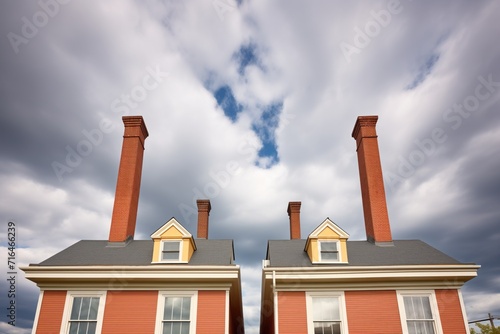 colonial homes dual chimneys against stormy sky