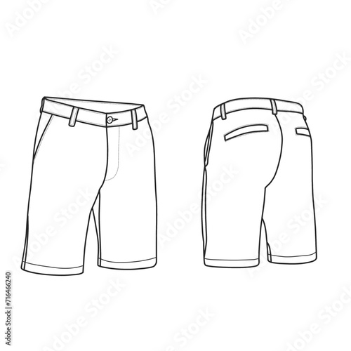 Golf short pants fashion vector illustration flat sketches template. Front and back views, isolated on a white background.