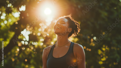 Joyful Woman Enjoying Sunshine in Park. Radiant woman laughing outdoors, sunlit.