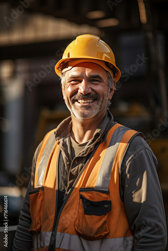 A smiling mature man worker in a construction site.
