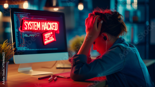 Cybersecurity Breach Reaction. Frustrated person at computer with "SYSTEM HACKED" alert.