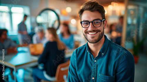 Smiling Businessman with Glasses in Office. Friendly young businessman wearing glasses smiling confidently in a modern collaborative office space.