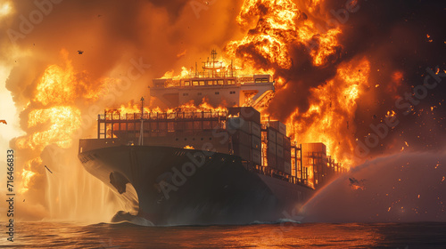 Cargo Ship Engulfed in Flames at Sea. A dramatic scene as a large cargo ship is consumed by massive flames and smoke on the ocean, with emergency response imminent.