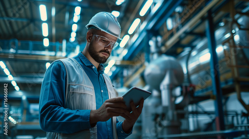 Engineer Analyzing Data on Tablet in Factory. An engineer in a hardhat reviews digital schematics on a tablet in an industrial setting © GustavsMD