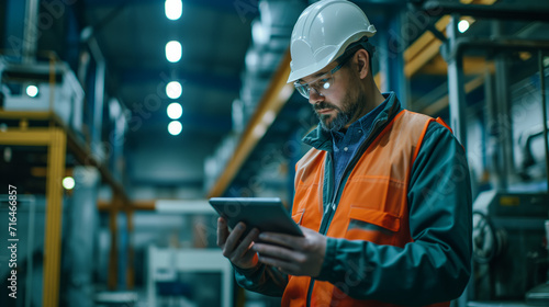 Focused Engineer Using Tablet in Manufacturing Plant. A concentrated male engineer in safety gear inspects production data on a tablet inside an industrial manufacturing facility. photo