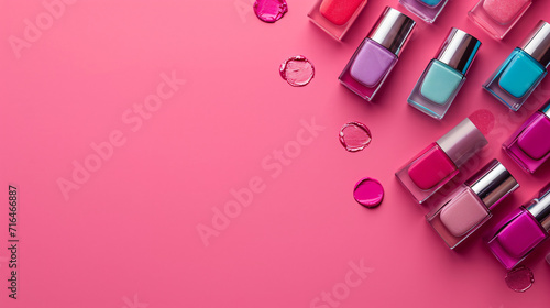 Nail polish bottles on pink background flat lay