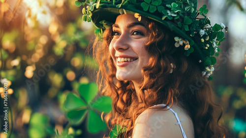 Beautiful woman in clover wreath, happy and smiling woman, banner for st. Patrick's day 