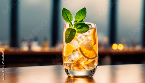 Hugo Spritz cocktail in a glass with pieces of ice, garnished with a sprig of mint and lemon, backlight, restaurant