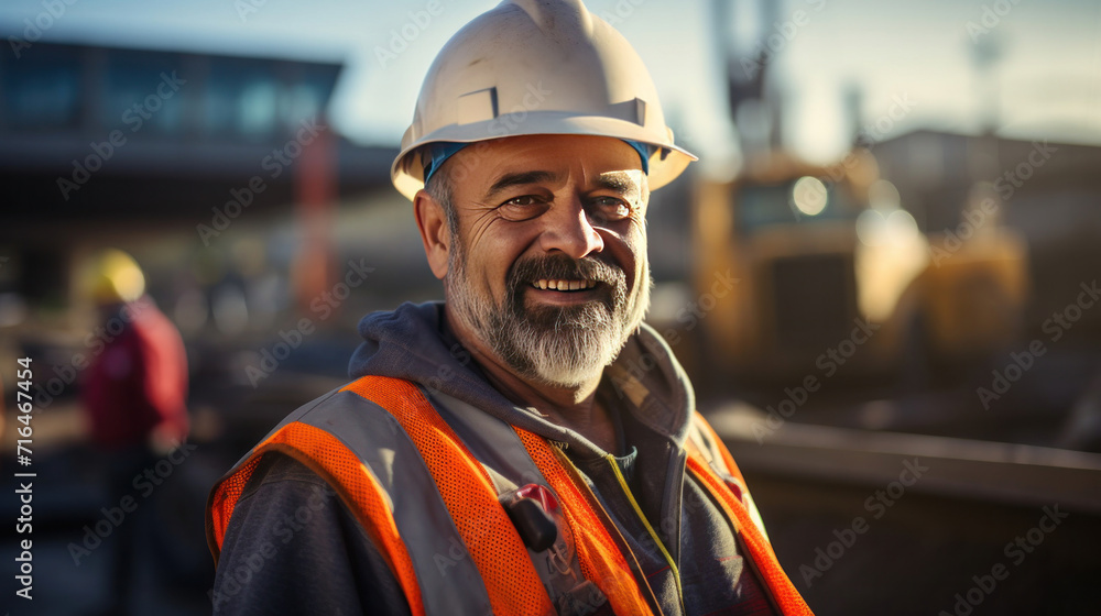 A smiling mature man worker in a construction site. A smiling mature man worker in a construction site.